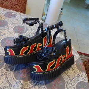 Black Platform Sandals with Red & Yellow Flame Detail